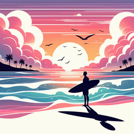 Surfer on the beach at sunset. Vector illustration for your designのイラスト素材