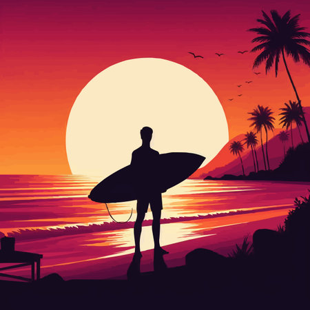 Surfer on the beach at sunset. Vector illustration for your designのイラスト素材