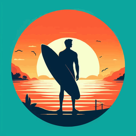 Silhouette of a surfer at sunset. Vector illustration.のイラスト素材