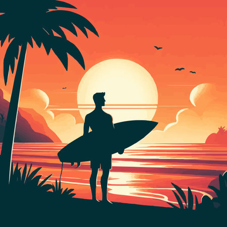 Surfer on the beach at sunset. Vector illustration for your designのイラスト素材