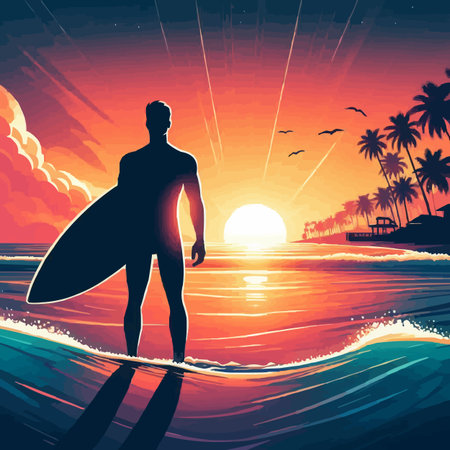 Surfer with surfboard on the beach at sunset. Vector illustration.のイラスト素材