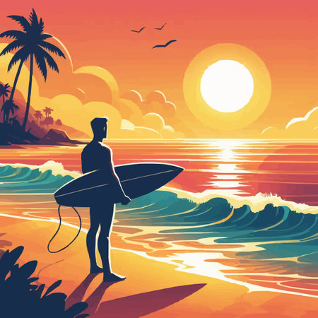 Surfer with surfboard at sunset on the beach. Vector illustrationのイラスト素材