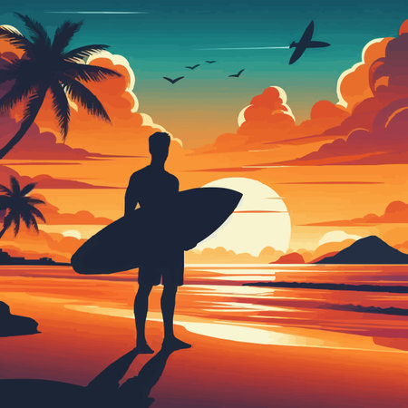 Surfer with surfboard on the beach at sunset. Vector illustration.のイラスト素材