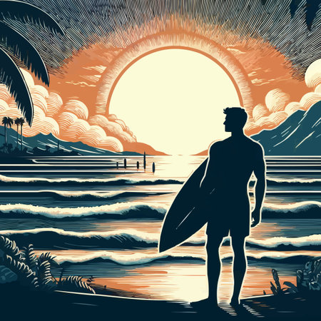 Surfer with surfboard on the beach at sunset. Vector illustration.のイラスト素材