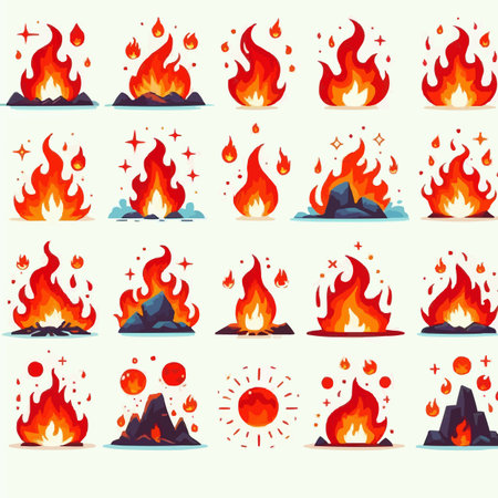 Set of fire icons isolated on white background. Flat vector illustration.のイラスト素材