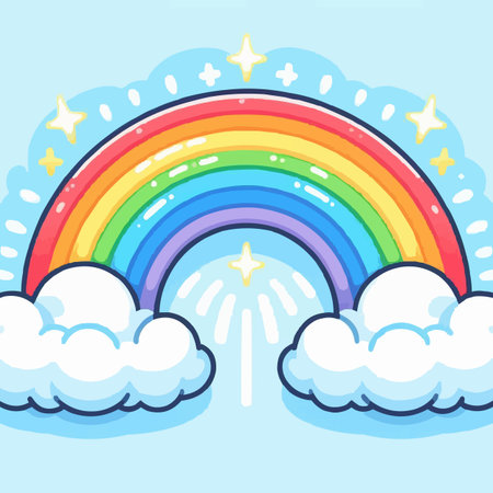 Rainbow with clouds and stars. Vector illustration for your design.のイラスト素材