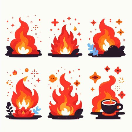 Set of fire flame icons. Vector illustration in flat cartoon style.のイラスト素材