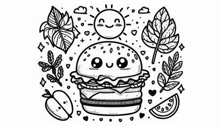Hamburger, sun and leaves. Black and white vector illustration.のイラスト素材