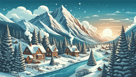 Winter landscape with houses in the mountains. Christmas background. Vector illustration.のイラスト素材