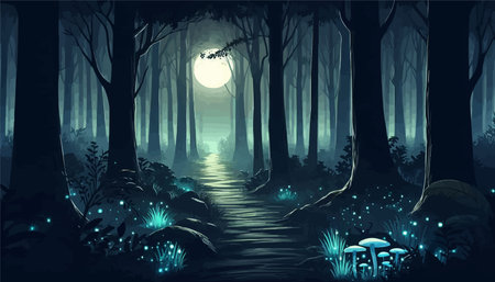 Dark forest at night with full moon and mushrooms. Vector illustration.のイラスト素材