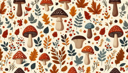 Seamless autumn pattern with mushrooms and leaves. Vector illustration.のイラスト素材