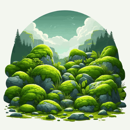 Fantasy landscape with green forest and mountains. Vector illustration for your designのイラスト素材