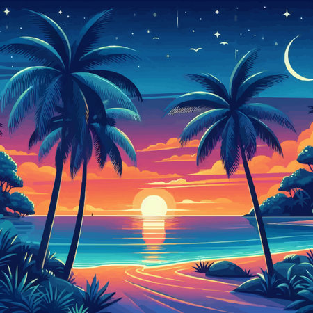Tropical beach with palm trees and sunset. Vector illustration.のイラスト素材