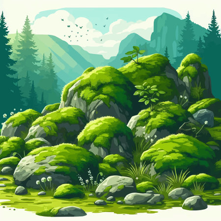 Mountain landscape with forest and grass. Vector illustration in cartoon styleのイラスト素材