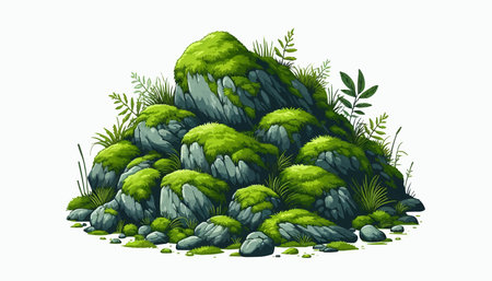 Illustration of a green mountain with grass and plants on a white backgroundのイラスト素材