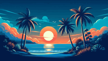 Beautiful sunset over the sea. Vector illustration in retro style.