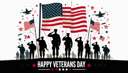 Happy Veterans Day background with soldiers and american flag. Vector illustrationのイラスト素材
