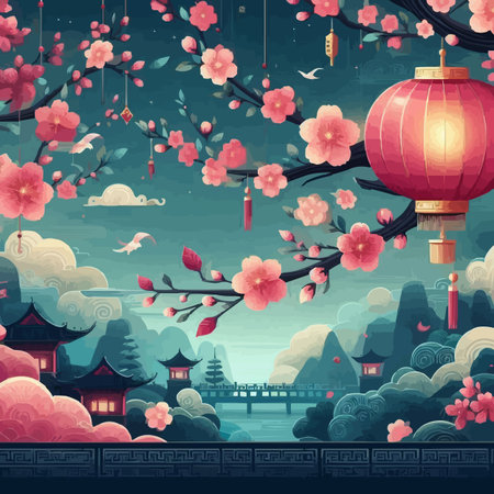 Chinese landscape with cherry blossom and lanterns, vector illustration.のイラスト素材