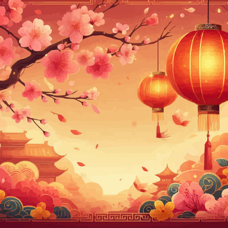 Chinese New Year background with traditional lanterns and cherry blossom.のイラスト素材