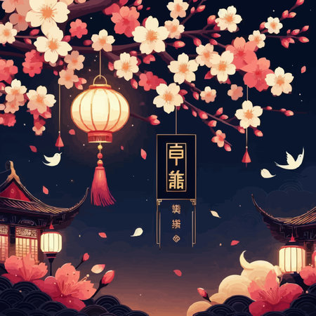 Happy Chinese New Year 2019. Greeting card with lanterns and cherry blossom.のイラスト素材