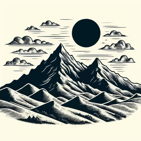 Mountains and sun. Vector hand drawn illustration in vintage style.のイラスト素材