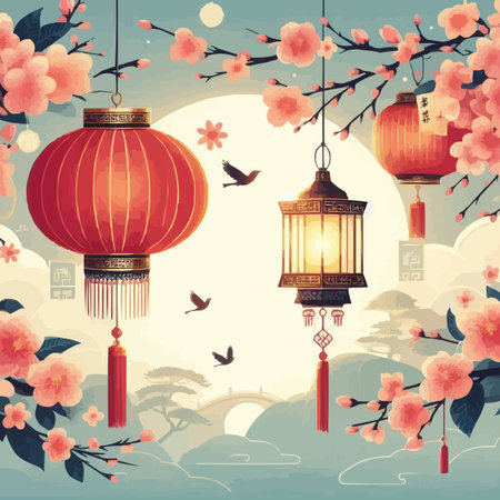 Chinese New Year lanterns and cherry blossom. Vector illustration.のイラスト素材