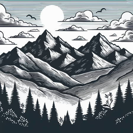 Mountains and forest. Vector hand drawn illustration in vintage style.のイラスト素材