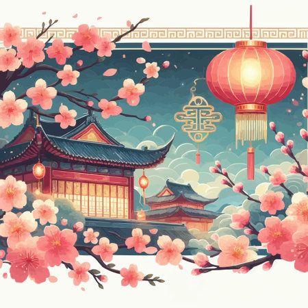 Chinese New Year greeting card with sakura flowers and lanterns. Vector illustration.のイラスト素材