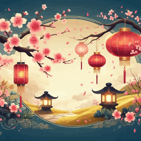 Chinese New Year background with lanterns and cherry blossom tree.のイラスト素材