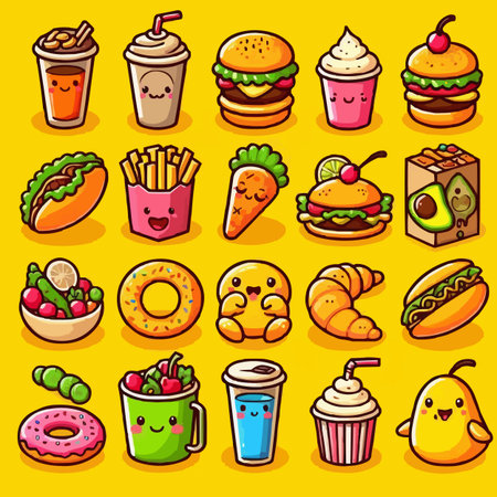 Cartoon fast food icon set. Vector illustration isolated on yellow background.のイラスト素材
