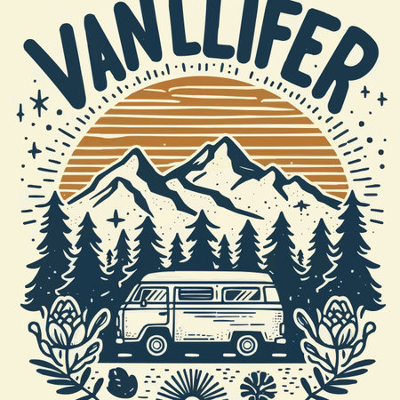 Vintage adventure label with camper van, mountains and flowers, vector illustrationのイラスト素材