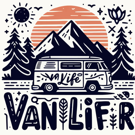Vintage travel label with camper van, mountains, forest and lettering. Vector illustrationのイラスト素材