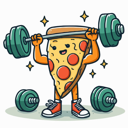 Cartoon illustration of pizza character with dumbbell and barbell.のイラスト素材