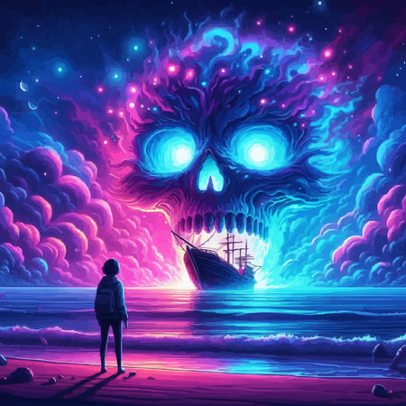 Man standing on the beach at night and looking at a ship in the sea.のイラスト素材
