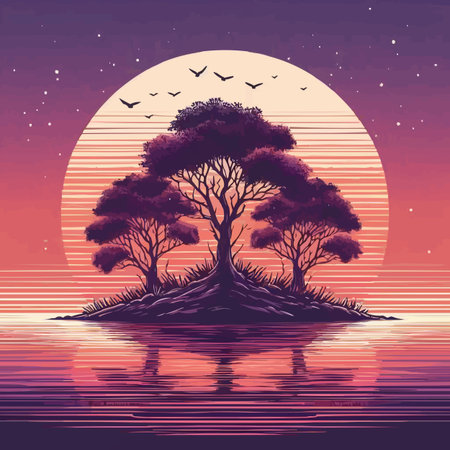 Silhouette of a tree on a lake at sunset. Vector illustration.のイラスト素材