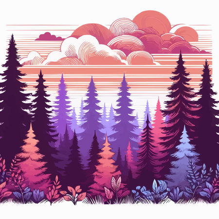 Beautiful landscape with coniferous forest and clouds. Vector illustration.のイラスト素材