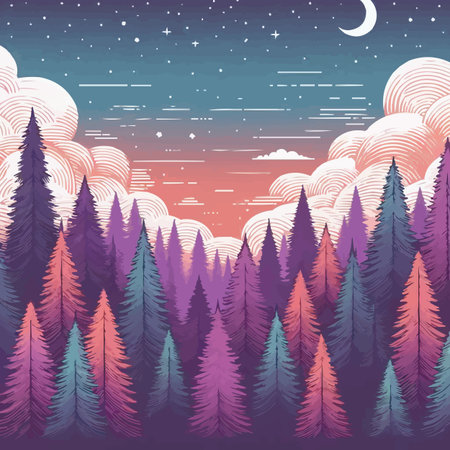 Night landscape with forest and starry sky. Vector illustration for your designのイラスト素材
