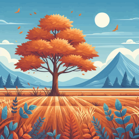 Autumn landscape with trees, grass and mountains. Vector illustration.のイラスト素材
