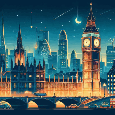 London skyline with Big Ben and Westminster Bridge at night, vector illustrationのイラスト素材