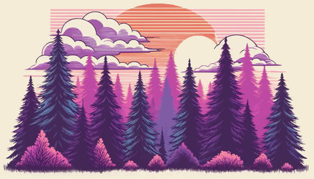 Beautiful landscape with coniferous forest and sunset. Vector illustration.のイラスト素材