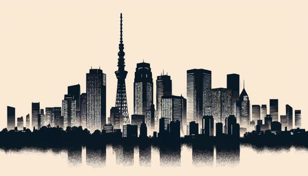 New York City skyline with reflection on water, USA. Vector illustration.のイラスト素材