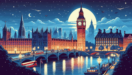 Big Ben and Houses of Parliament in London at night. Vector illustrationのイラスト素材