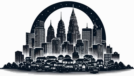 Silhouette of the city with a circle. Vector illustration.のイラスト素材