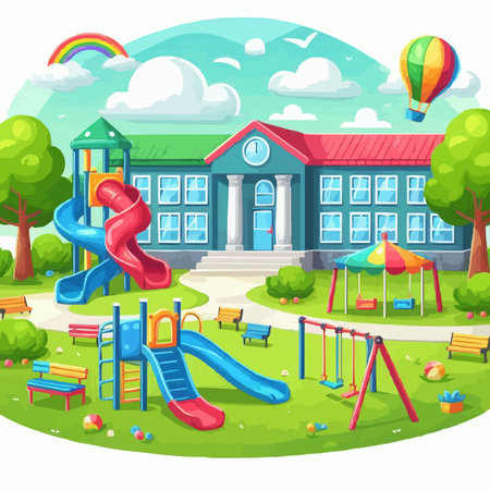 Children playground with school building and slide. Cartoon style vector illustration.のイラスト素材
