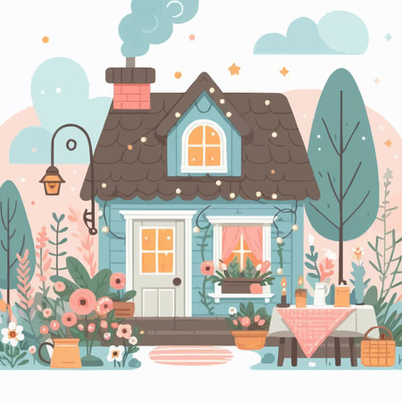 Cute cozy house with a garden. Vector illustration in flat styleのイラスト素材