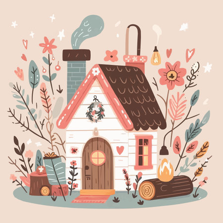 Hand drawn vector illustration of a cozy country house. Scandinavian style.のイラスト素材