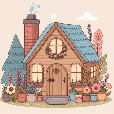 Vector illustration of a cute wooden house with flowers in pots. Cartoon style.のイラスト素材