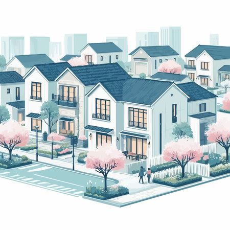 Cityscape with residential houses and cherry blossoms. Vector illustration.のイラスト素材