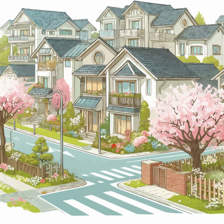 Cherry blossoms and houses in the spring. Vector illustration.のイラスト素材