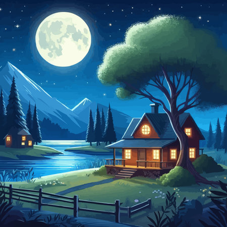 Night landscape with wooden house on the shore of lake. Vector illustrationのイラスト素材